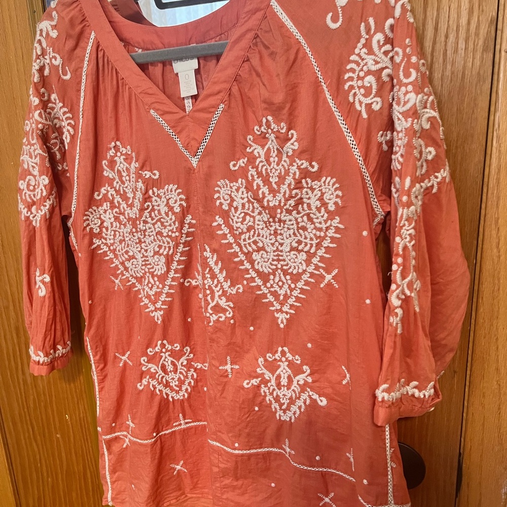 Chico's Peach Tunic with White Embroidered Motifs